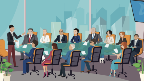 Illustration showing a group of executives in a meeting.