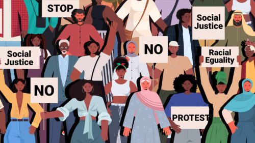 social justice graphic of protesters holding up signs