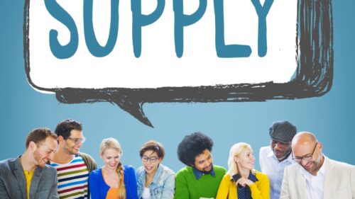 An illustration depicts a diverse group people talking with the word supply appearing in a chat bubble over them.