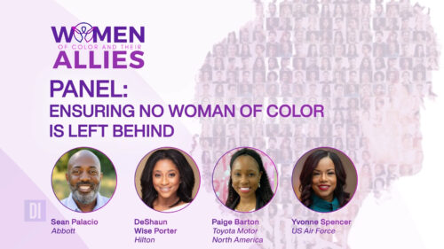 Headshots for panelists appear on a slide for a session called How to Ensure No Women of Color are Left Behind.