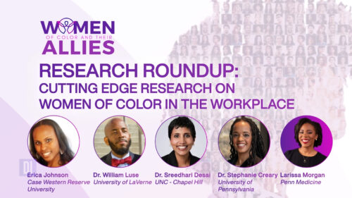 Title slide including headshots for a research focused session at Women of Color and Their Allies.
