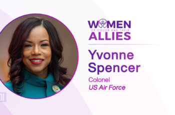 Colonel Yvonne Spencer headshot against a Women of Color and Their Allies background.